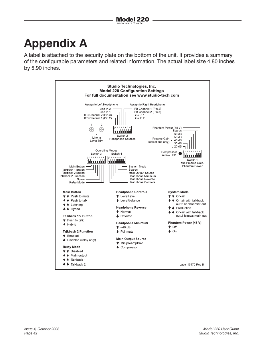 Appendix a | Studio Technologies 220 2008 User Manual | Page 42 / 43