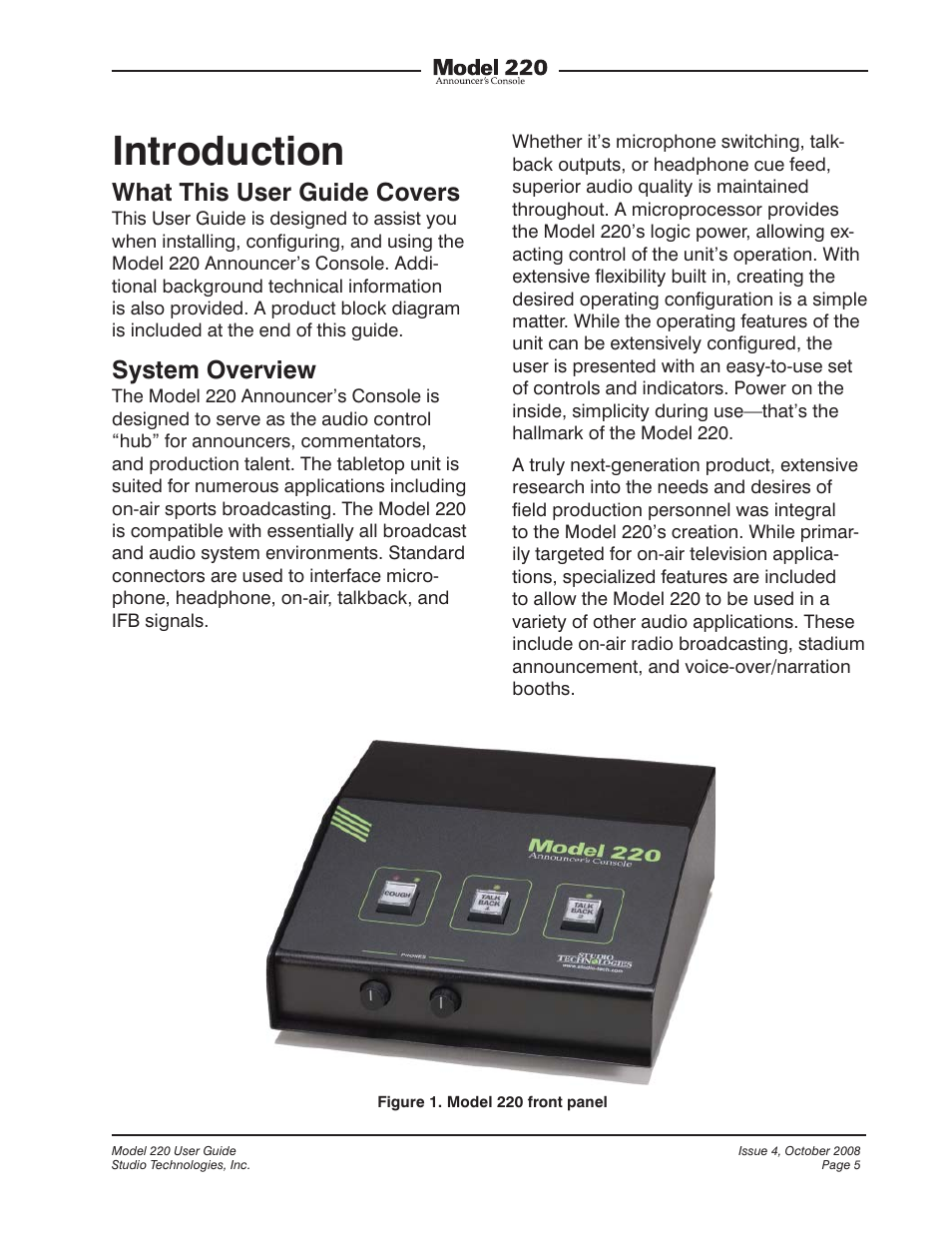 Introduction, What this user guide covers, System overview | Studio Technologies 220 2008 User Manual | Page 5 / 43