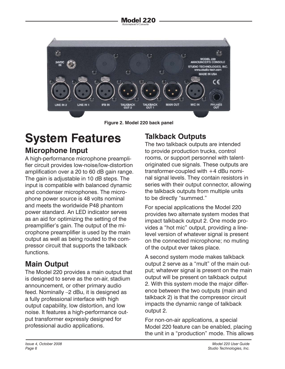 System features, Microphone input, Main output | Talkback outputs | Studio Technologies 220 2008 User Manual | Page 6 / 43