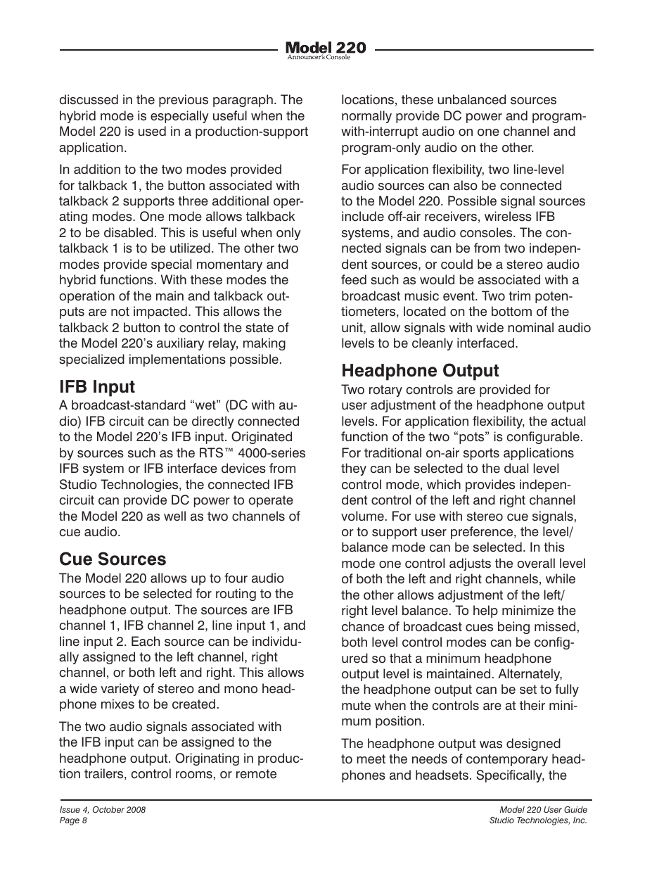 Ifb input, Cue sources, Headphone output | Studio Technologies 220 2008 User Manual | Page 8 / 43