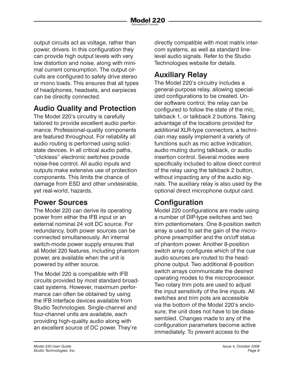 Audio quality and protection, Power sources, Auxiliary relay | Configuration | Studio Technologies 220 2008 User Manual | Page 9 / 43