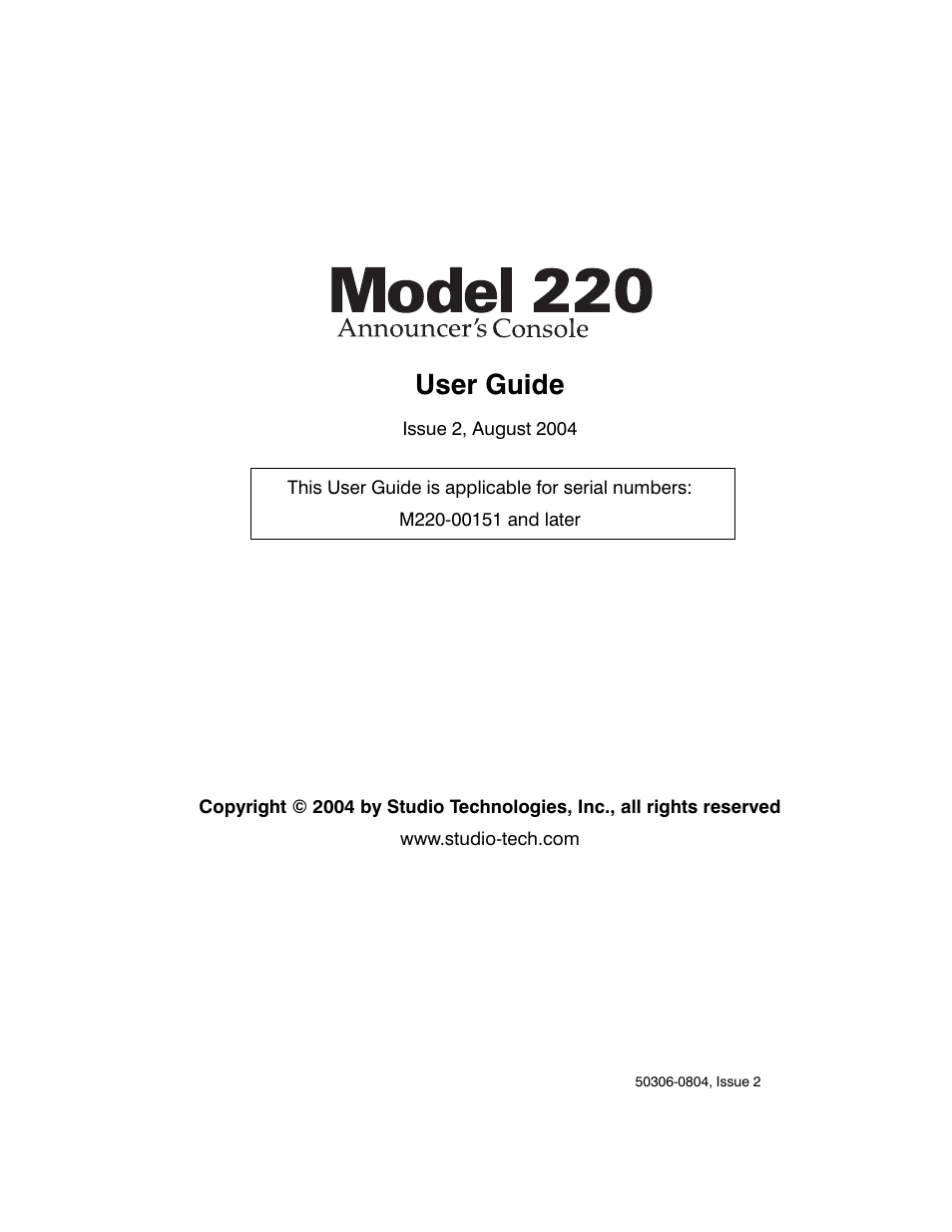 Studio Technologies 220 2004 User Manual | 42 pages