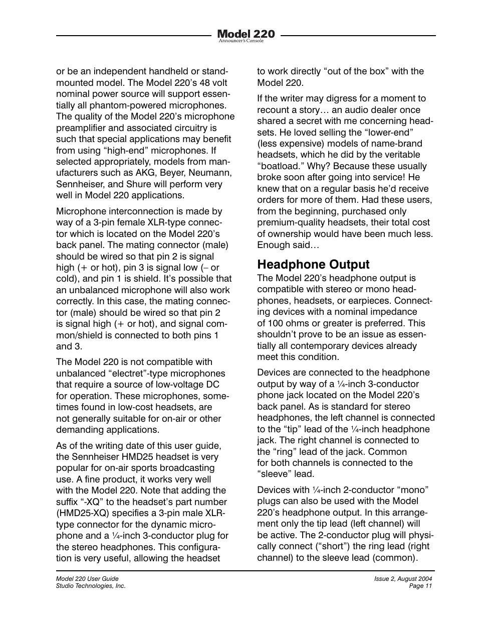 Headphone output | Studio Technologies 220 2004 User Manual | Page 10 / 42