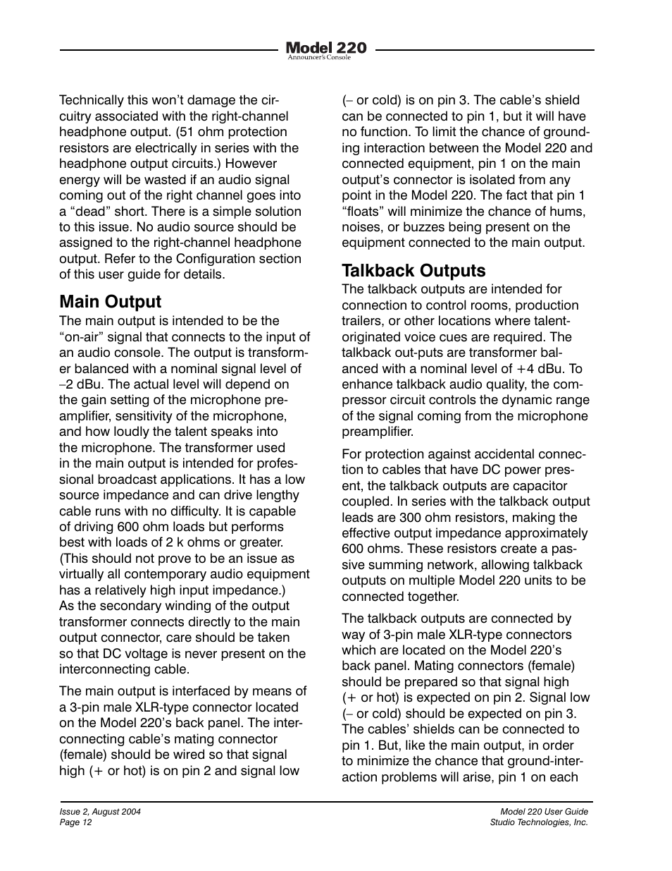 Main output, Talkback outputs | Studio Technologies 220 2004 User Manual | Page 11 / 42