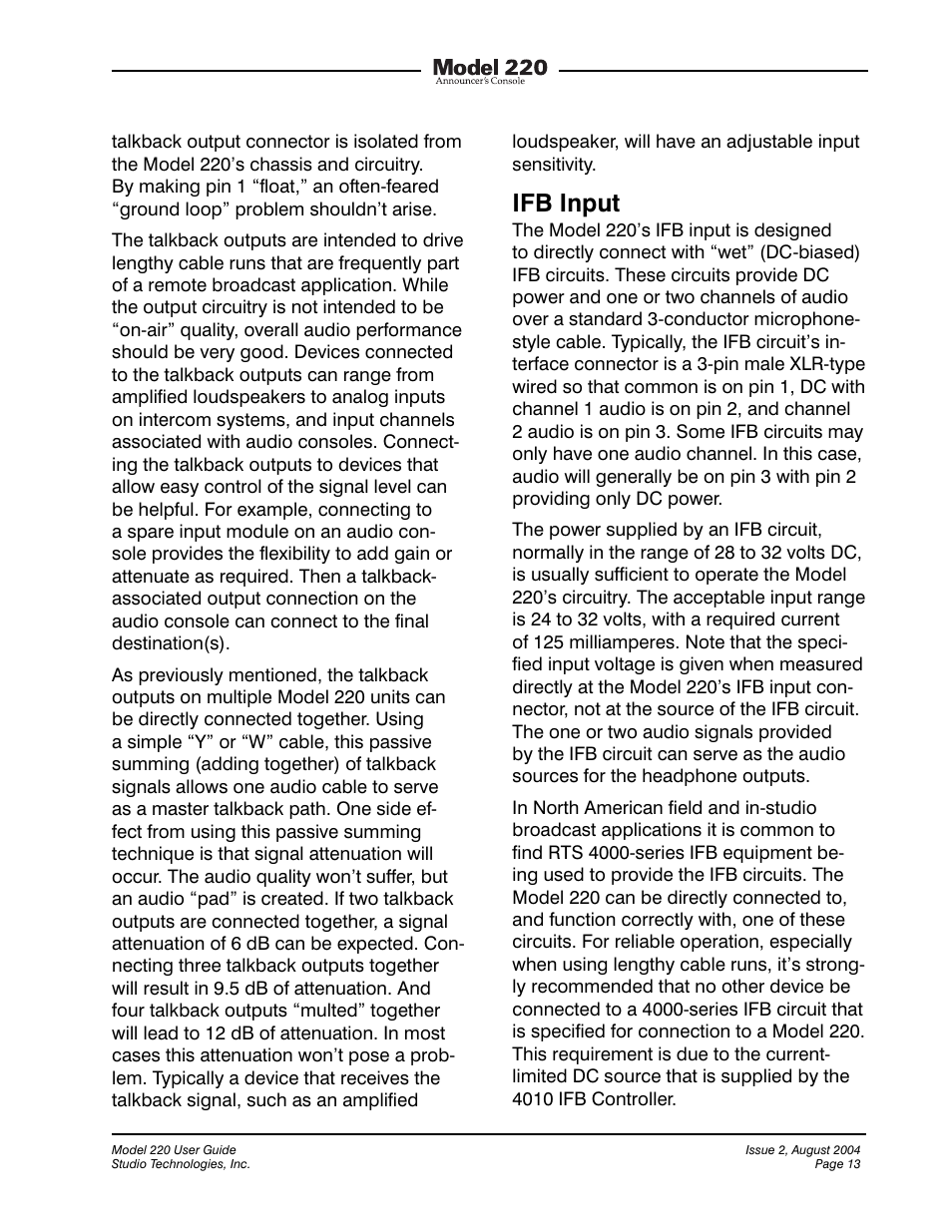 Ifb input | Studio Technologies 220 2004 User Manual | Page 12 / 42