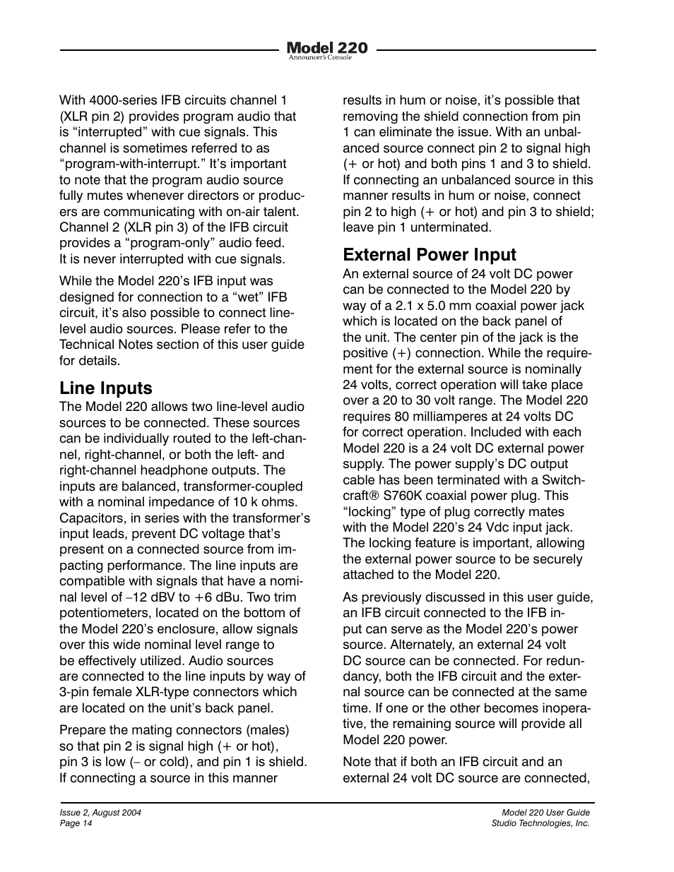 Line inputs, External power input | Studio Technologies 220 2004 User Manual | Page 13 / 42