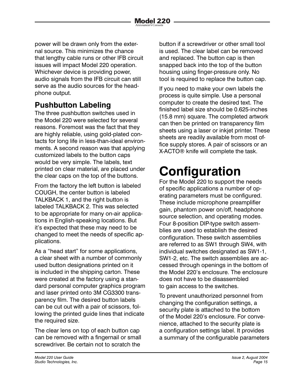 Configuration, Pushbutton labeling | Studio Technologies 220 2004 User Manual | Page 14 / 42