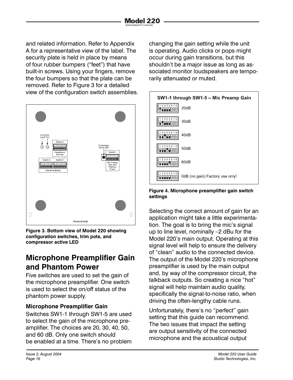 Microphone preamplifier gain and phantom power | Studio Technologies 220 2004 User Manual | Page 15 / 42