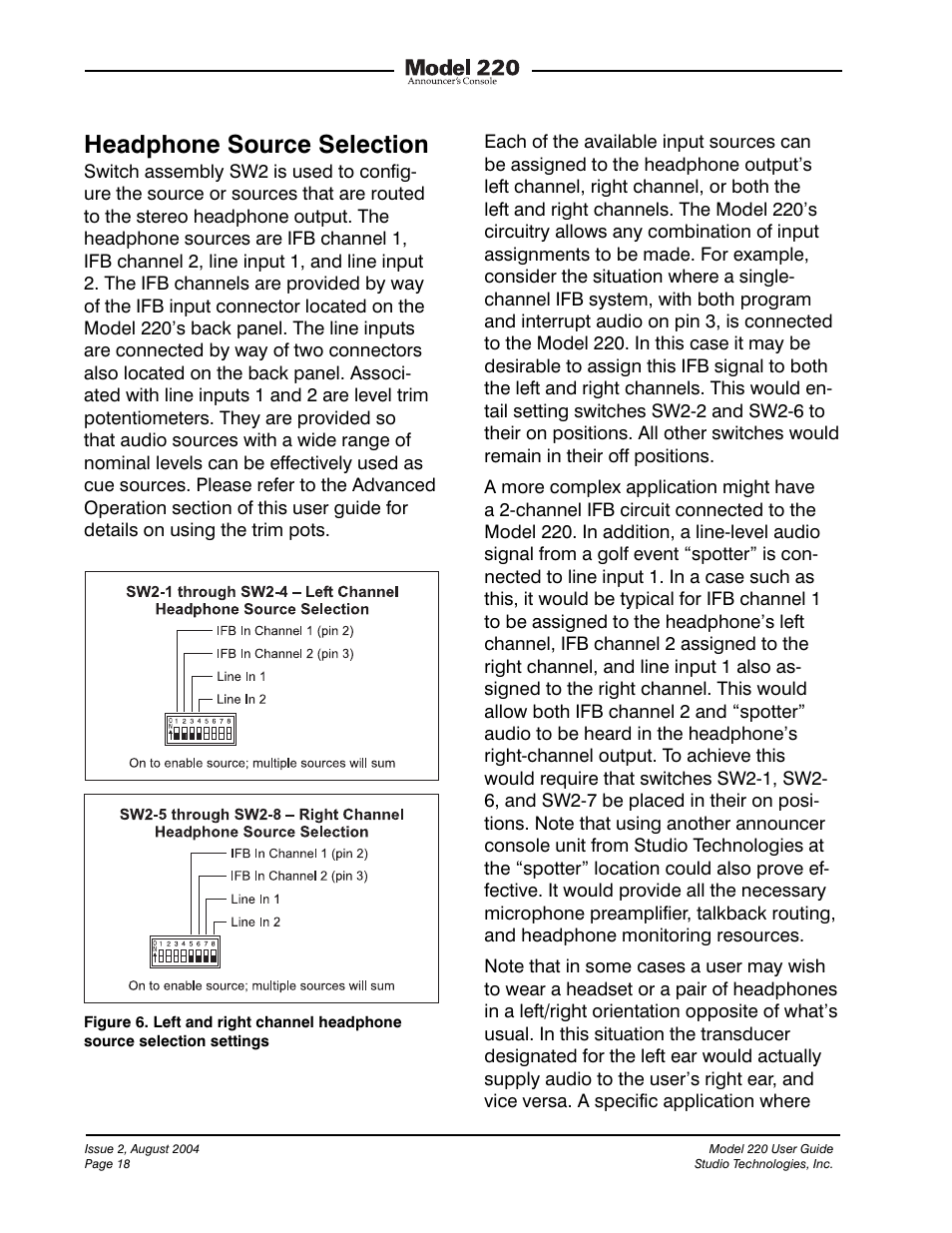 Headphone source selection | Studio Technologies 220 2004 User Manual | Page 17 / 42