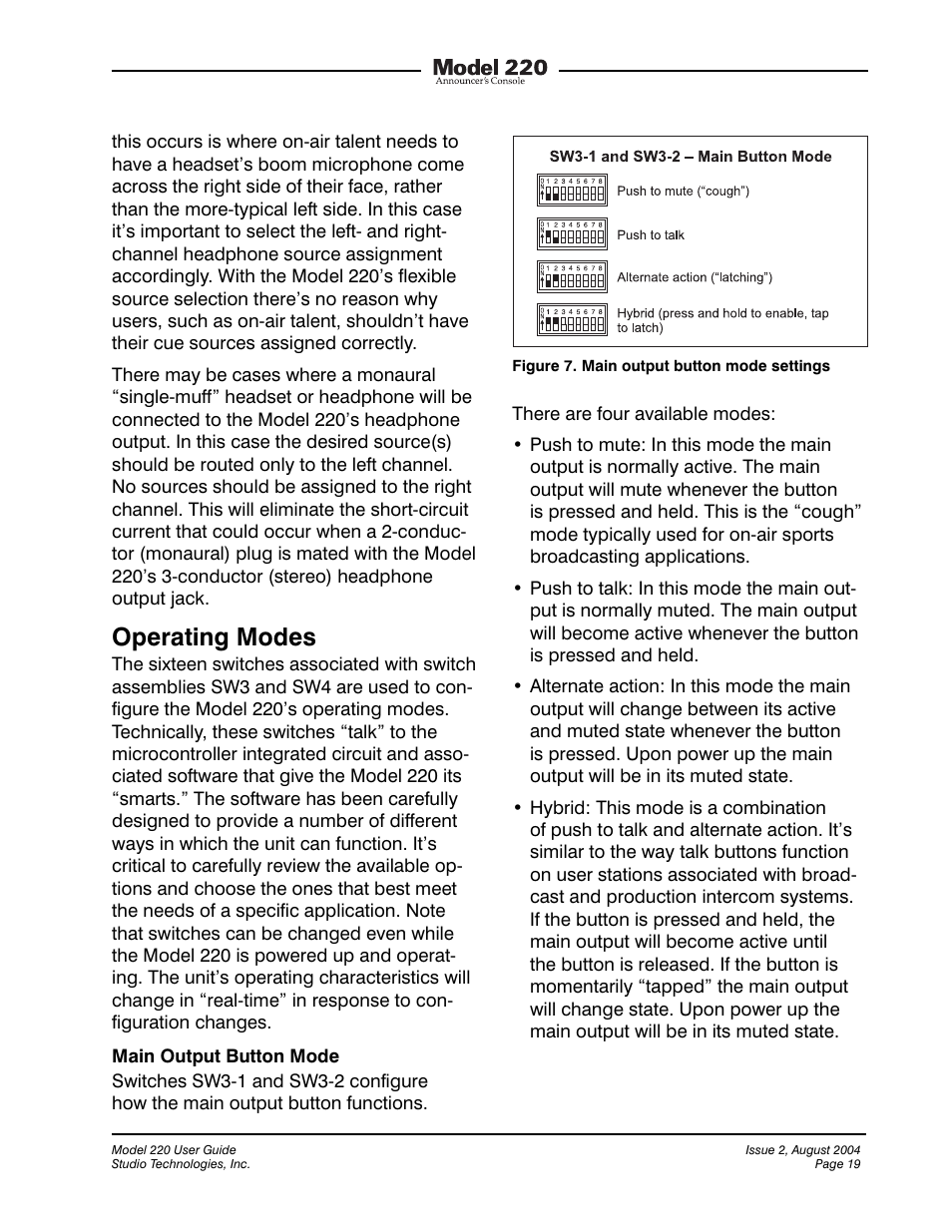 Operating modes | Studio Technologies 220 2004 User Manual | Page 18 / 42