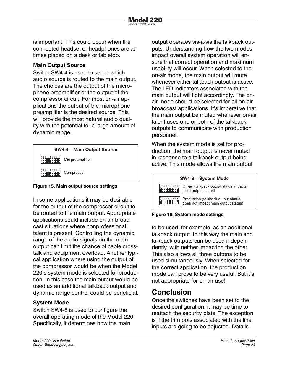 Conclusion | Studio Technologies 220 2004 User Manual | Page 22 / 42