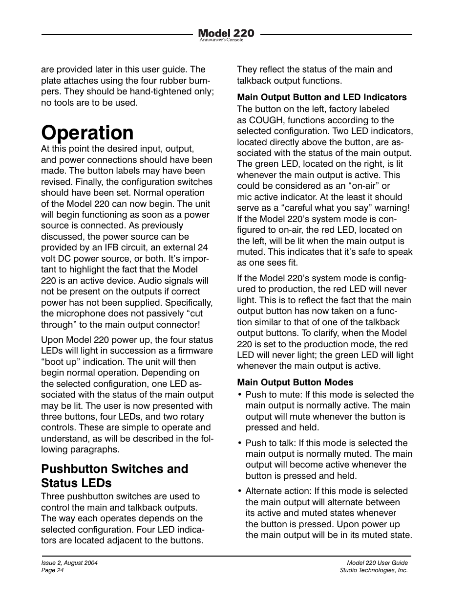 Operation, Pushbutton switches and status leds | Studio Technologies 220 2004 User Manual | Page 23 / 42