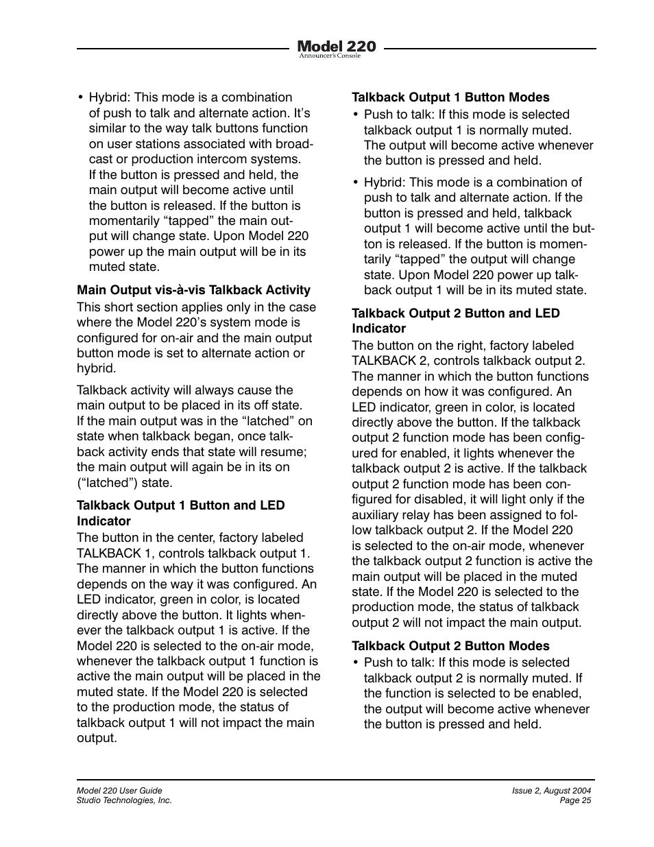 Studio Technologies 220 2004 User Manual | Page 24 / 42