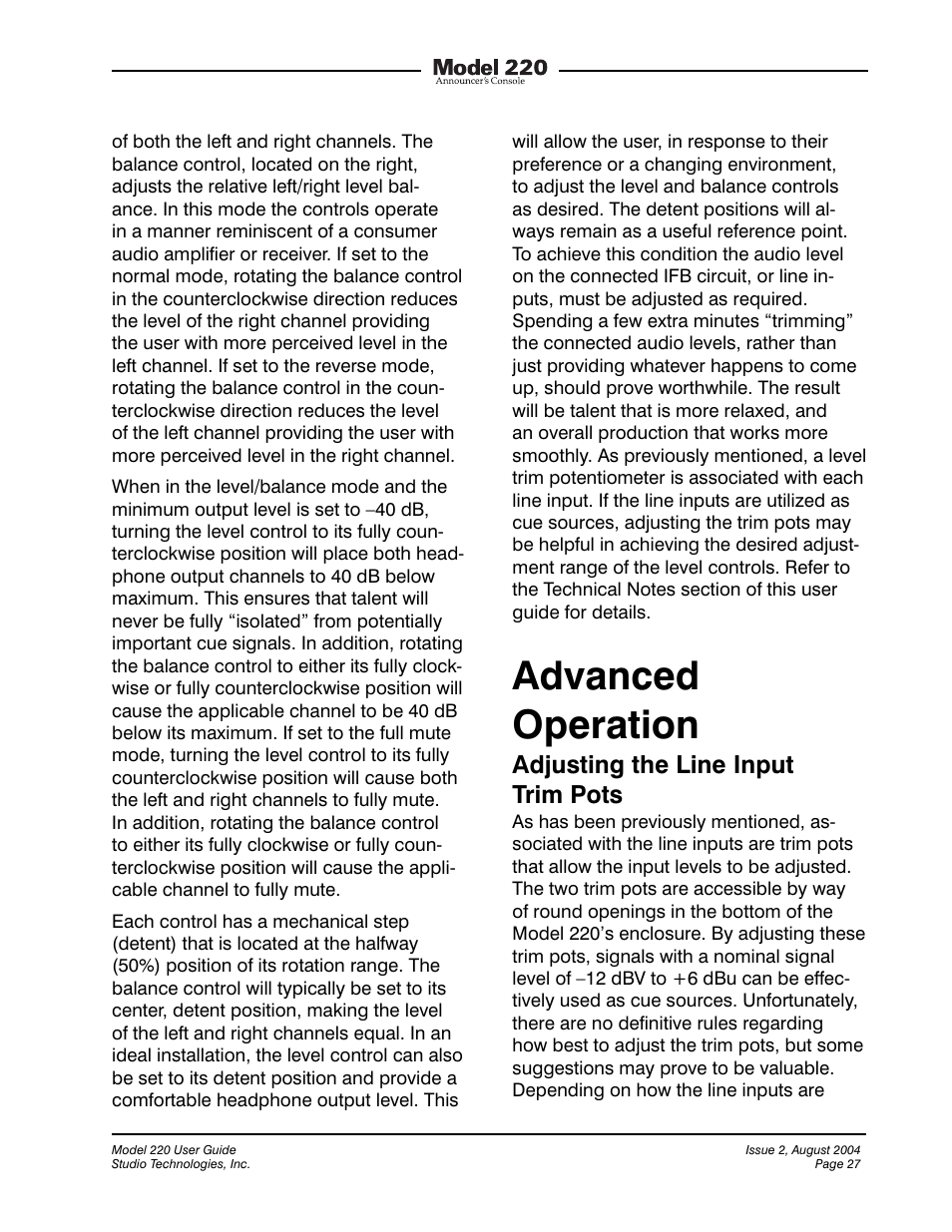 Advanced operation, Adjusting the line input trim pots | Studio Technologies 220 2004 User Manual | Page 26 / 42