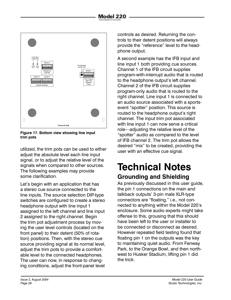 Grounding and shielding | Studio Technologies 220 2004 User Manual | Page 27 / 42