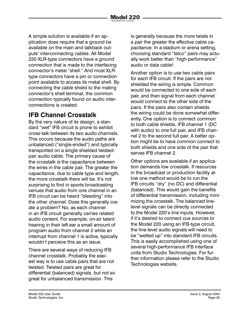 Ifb channel crosstalk | Studio Technologies 220 2004 User Manual | Page 28 / 42