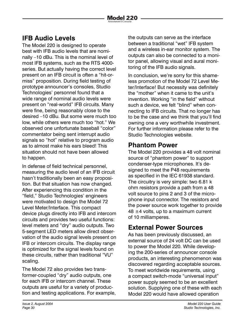 Ifb audio levels, Phantom power, External power sources | Studio Technologies 220 2004 User Manual | Page 29 / 42