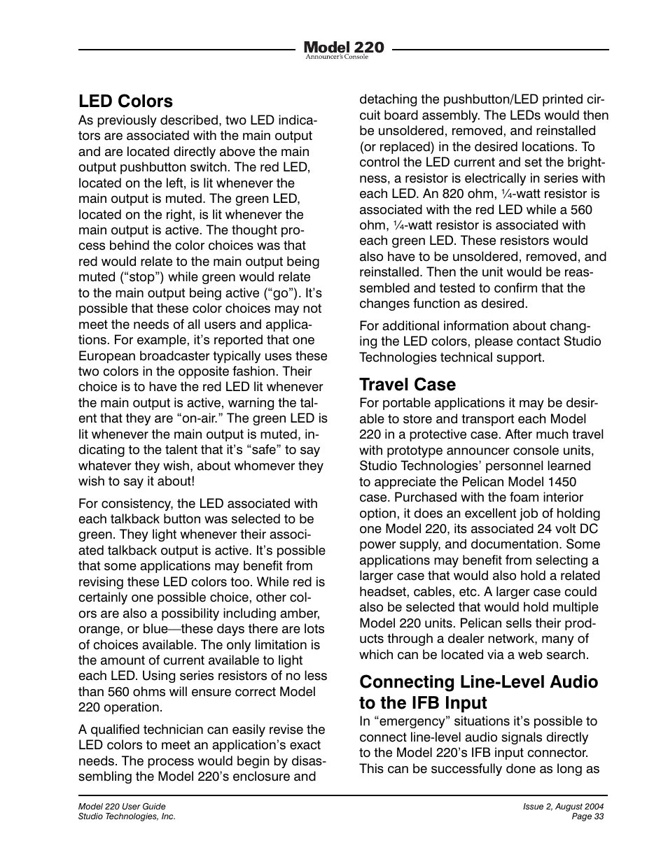 Led colors, Travel case, Connecting line-level audio to the ifb input | Studio Technologies 220 2004 User Manual | Page 32 / 42