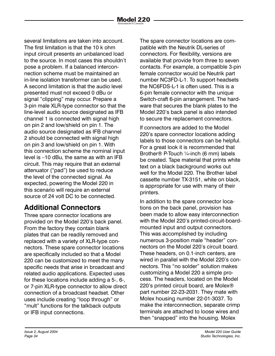 Additional connectors | Studio Technologies 220 2004 User Manual | Page 33 / 42