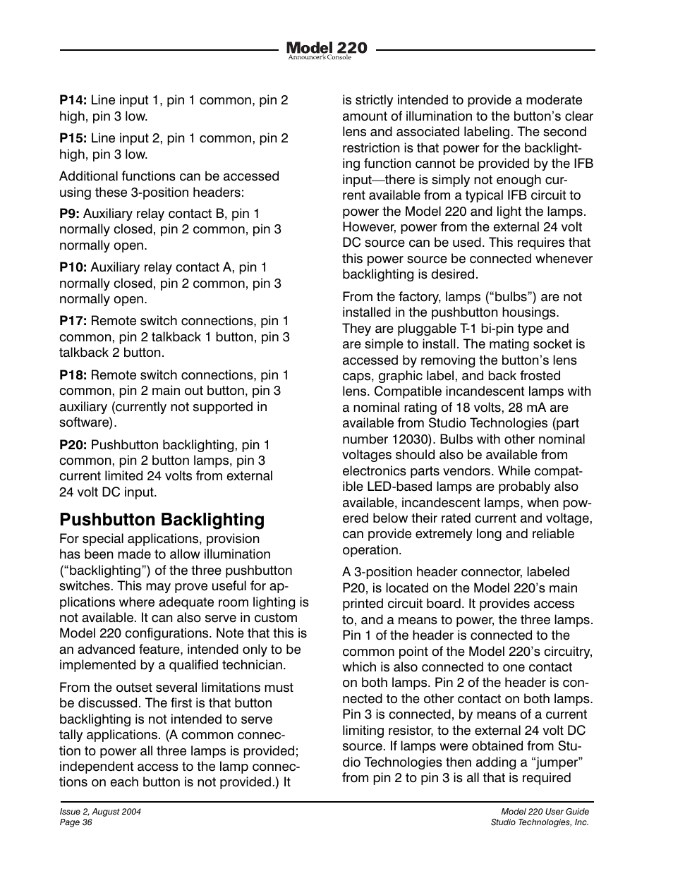 Pushbutton backlighting | Studio Technologies 220 2004 User Manual | Page 35 / 42