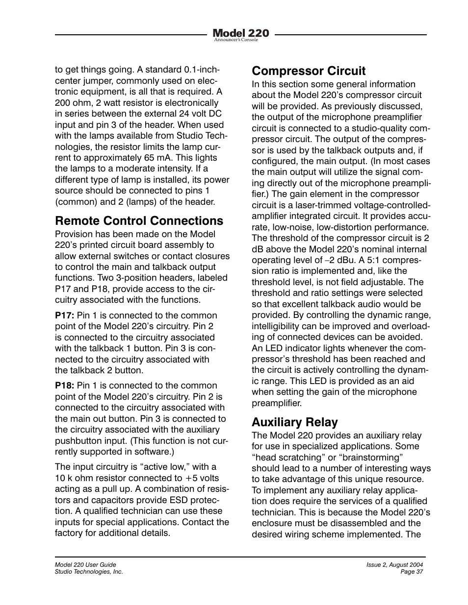 Remote control connections, Compressor circuit, Auxiliary relay | Studio Technologies 220 2004 User Manual | Page 36 / 42