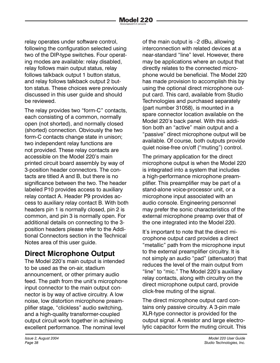 Direct microphone output | Studio Technologies 220 2004 User Manual | Page 37 / 42