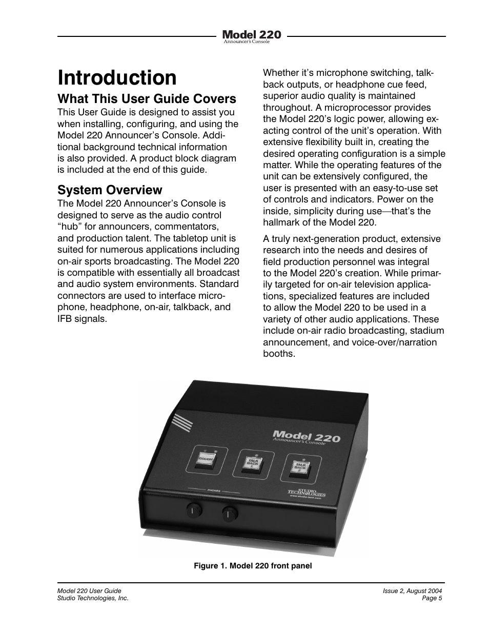 Introduction, What this user guide covers, System overview | Studio Technologies 220 2004 User Manual | Page 4 / 42