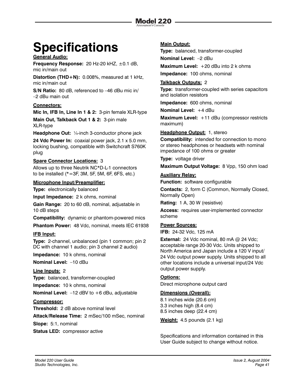 Specifications | Studio Technologies 220 2004 User Manual | Page 40 / 42