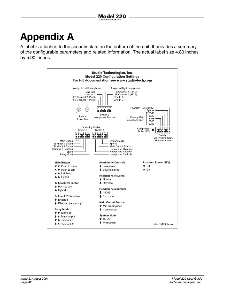 Appendix a | Studio Technologies 220 2004 User Manual | Page 41 / 42