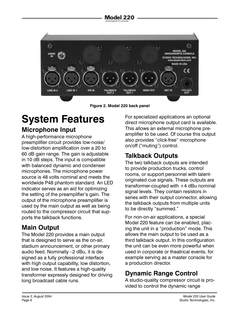 System features, Microphone input, Main output | Talkback outputs, Dynamic range control | Studio Technologies 220 2004 User Manual | Page 5 / 42