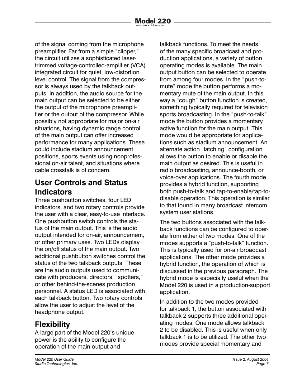 User controls and status indicators, Flexibility | Studio Technologies 220 2004 User Manual | Page 6 / 42