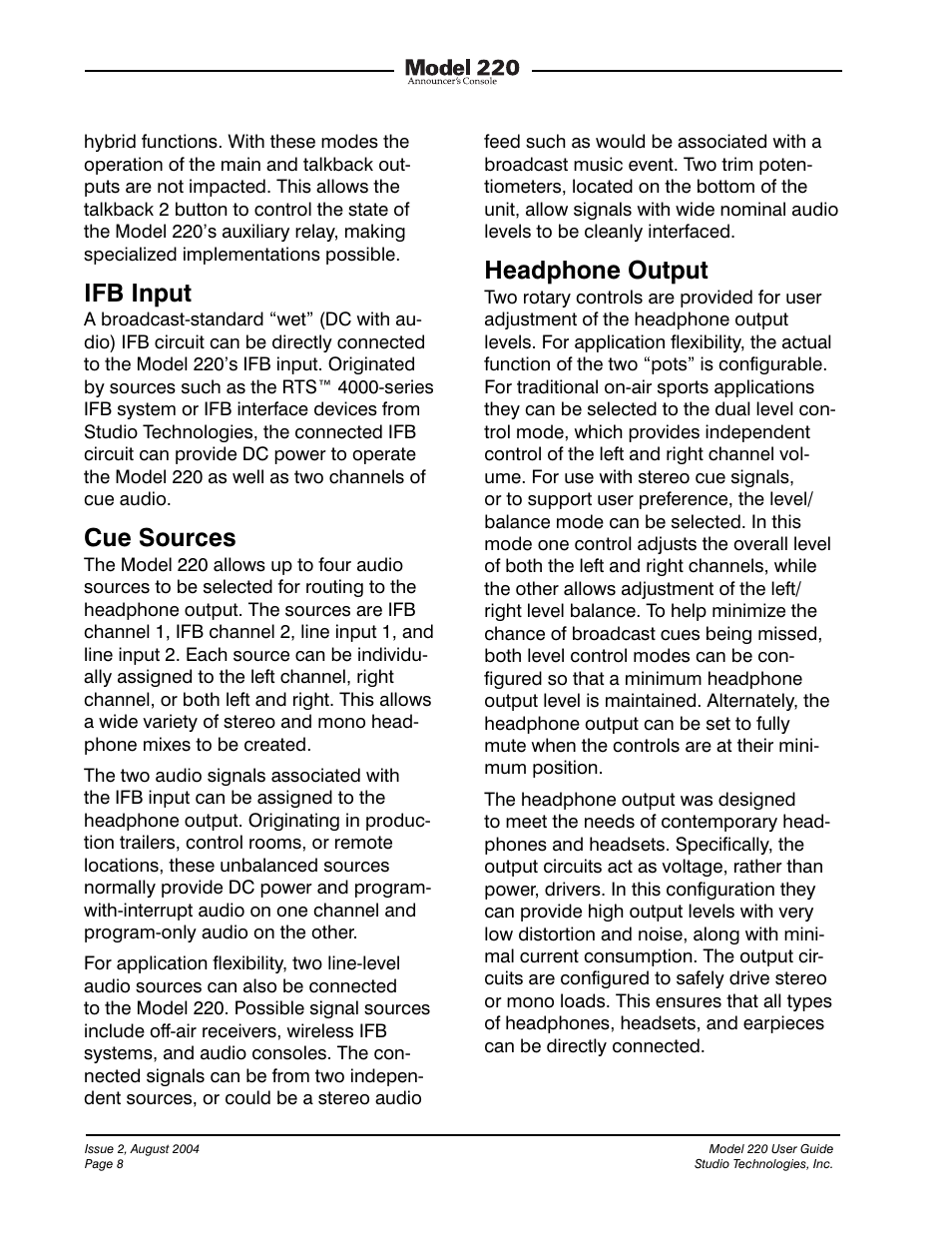 Ifb input, Cue sources, Headphone output | Studio Technologies 220 2004 User Manual | Page 7 / 42