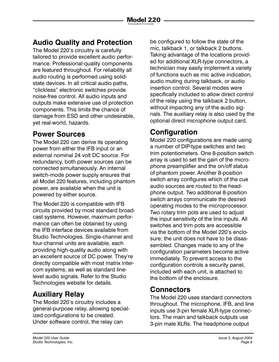 Audio quality and protection, Power sources, Auxiliary relay | Configuration, Connectors | Studio Technologies 220 2004 User Manual | Page 8 / 42