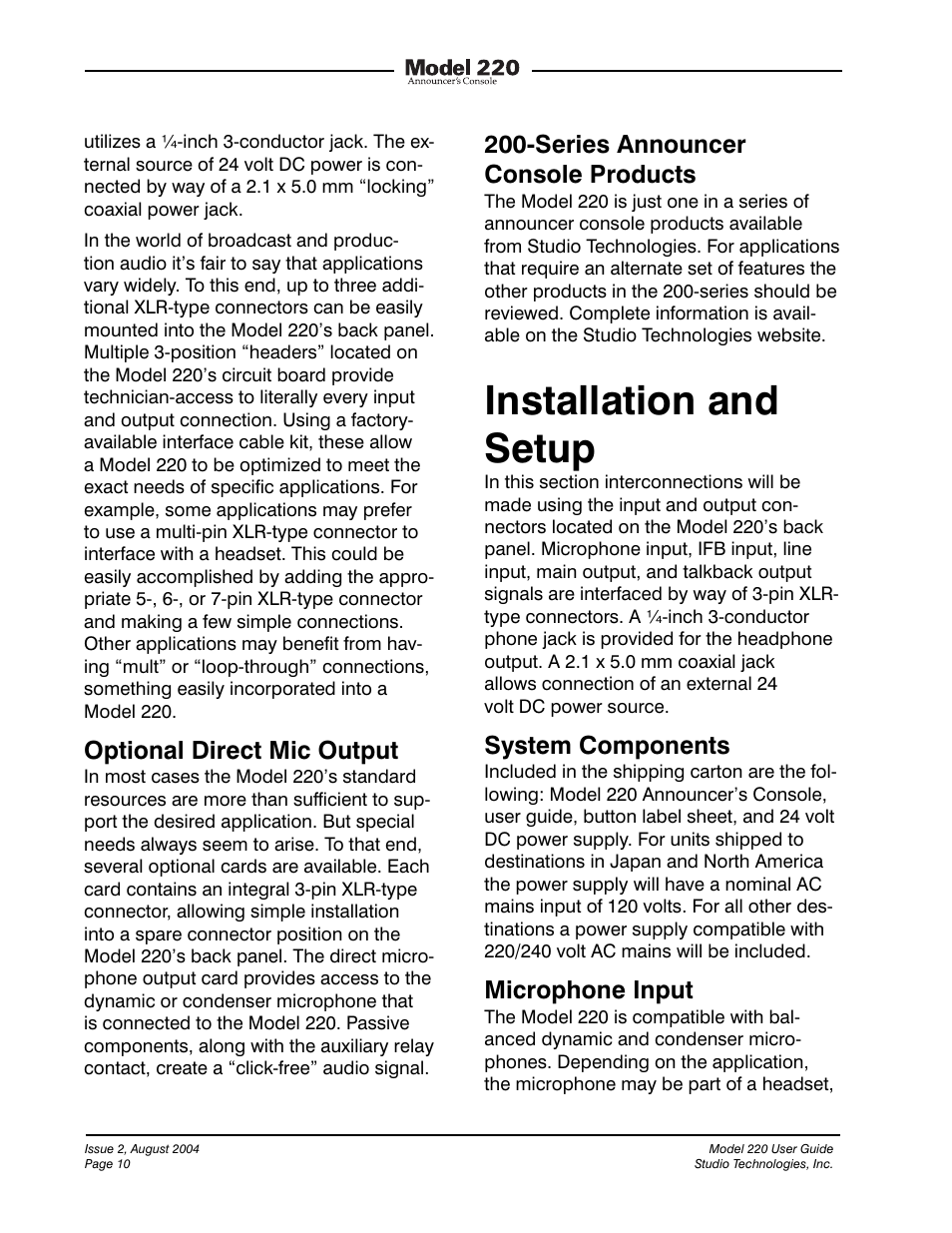 Installation and setup, Optional direct mic output, Series announcer console products | System components, Microphone input | Studio Technologies 220 2004 User Manual | Page 9 / 42