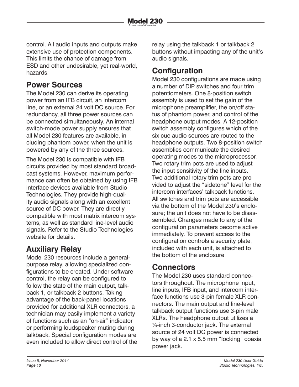 Power sources, Auxiliary relay, Conﬁguration | Connectors | Studio Technologies 230 2014 User Manual | Page 10 / 51