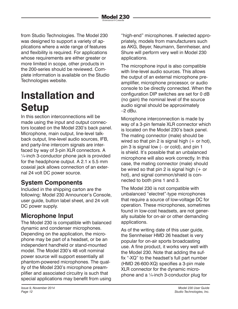 Installation and setup, System components, Microphone input | Studio Technologies 230 2014 User Manual | Page 12 / 51