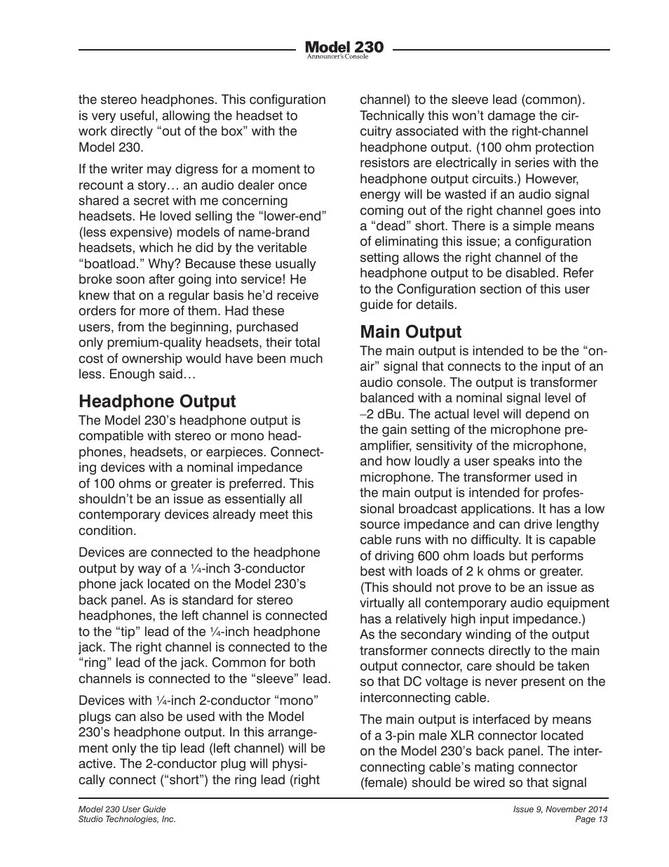 Headphone output, Main output | Studio Technologies 230 2014 User Manual | Page 13 / 51