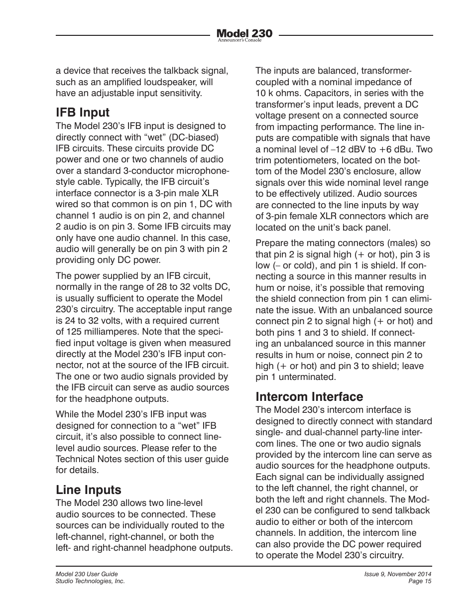 Ifb input, Line inputs, Intercom interface | Studio Technologies 230 2014 User Manual | Page 15 / 51