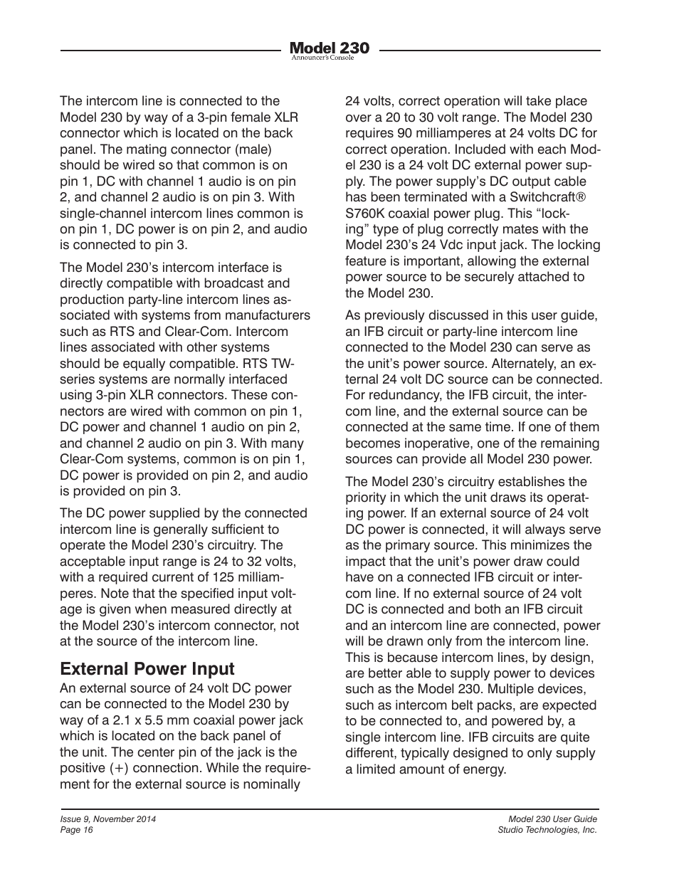 External power input | Studio Technologies 230 2014 User Manual | Page 16 / 51