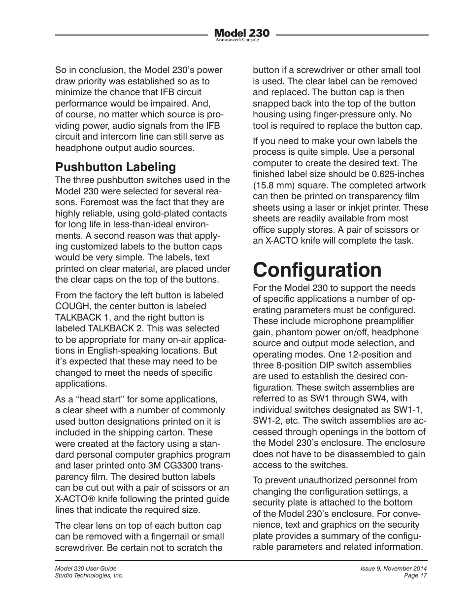 Configuration, Conﬁguration, Pushbutton labeling | Studio Technologies 230 2014 User Manual | Page 17 / 51