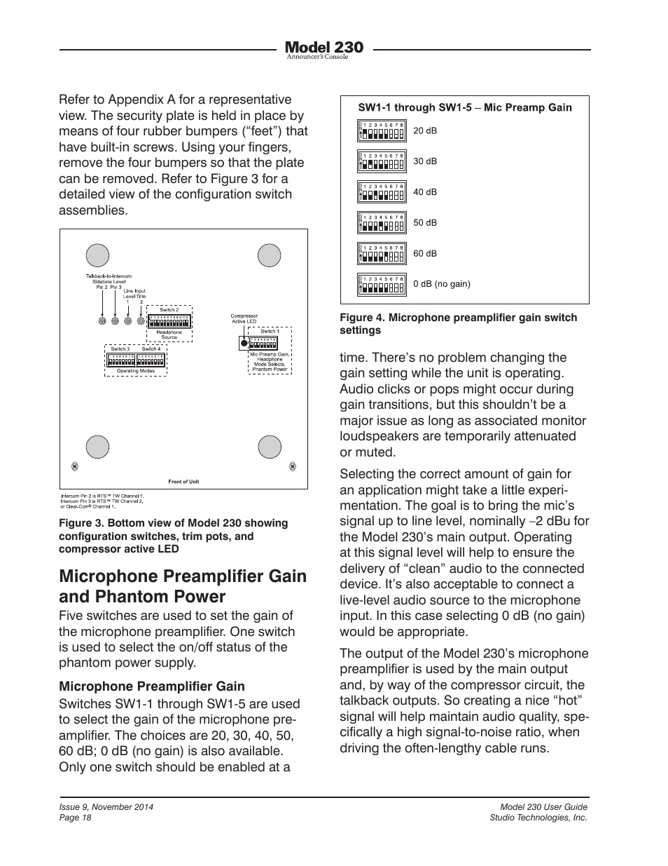 Microphone preampliﬁer gain and phantom power | Studio Technologies 230 2014 User Manual | Page 18 / 51