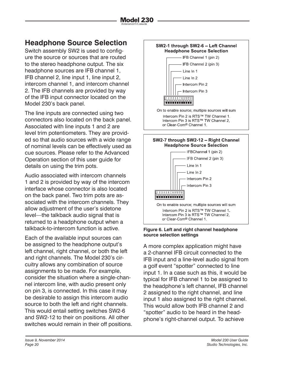 Headphone source selection | Studio Technologies 230 2014 User Manual | Page 20 / 51