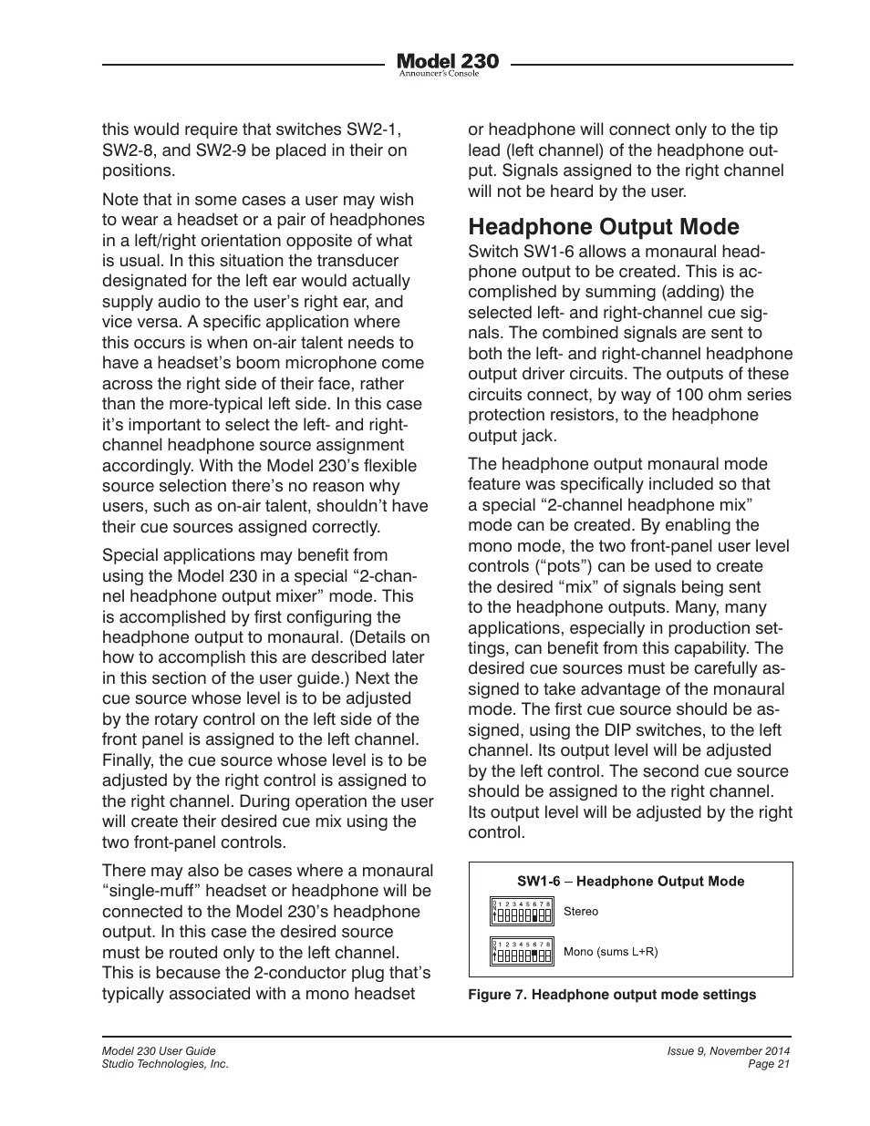 Headphone output mode | Studio Technologies 230 2014 User Manual | Page 21 / 51