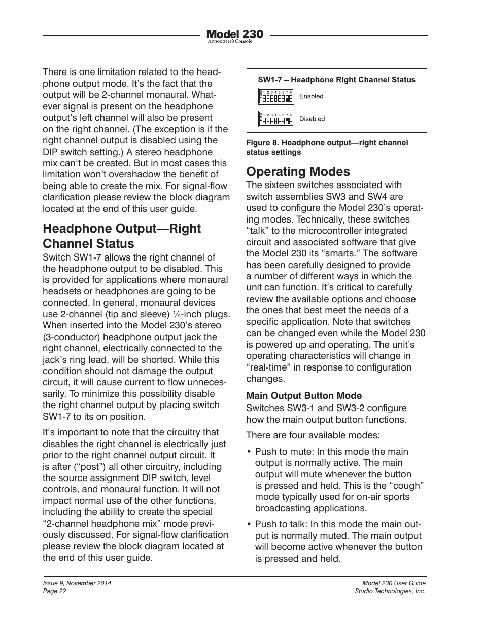 Operating modes, Headphone output—right channel status | Studio Technologies 230 2014 User Manual | Page 22 / 51