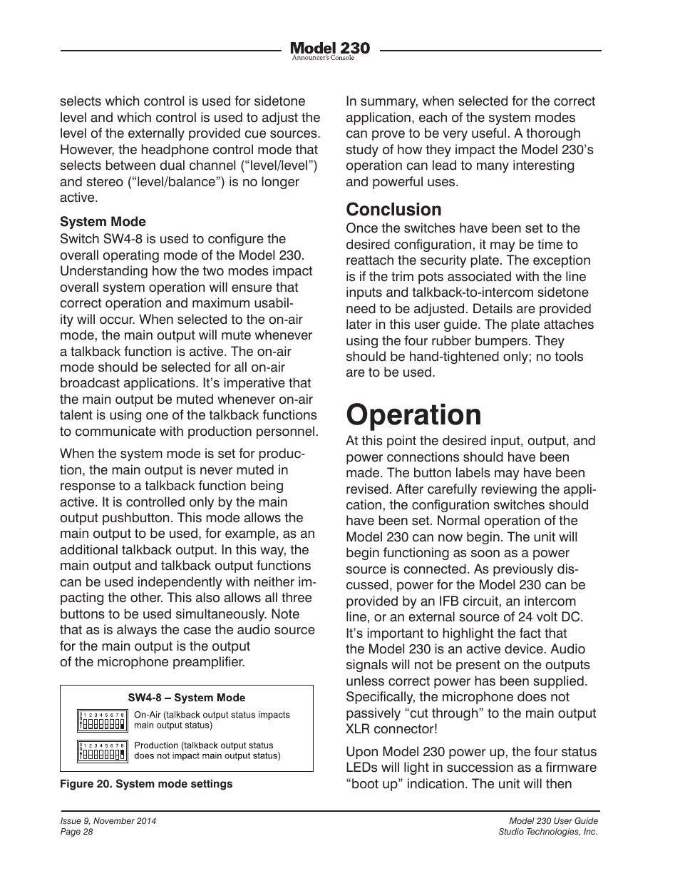 Operation, Conclusion | Studio Technologies 230 2014 User Manual | Page 28 / 51