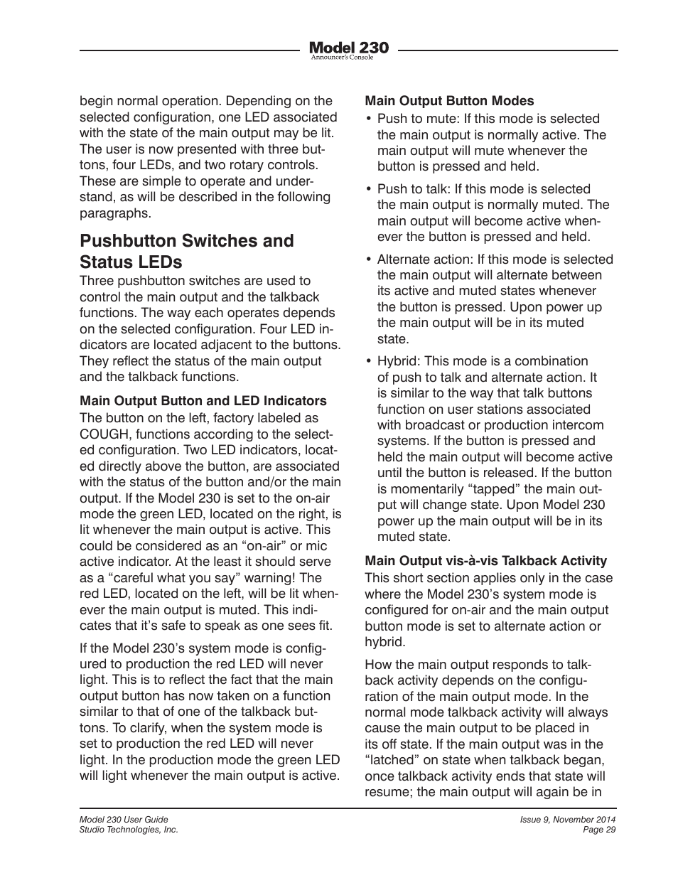 Pushbutton switches and status leds | Studio Technologies 230 2014 User Manual | Page 29 / 51