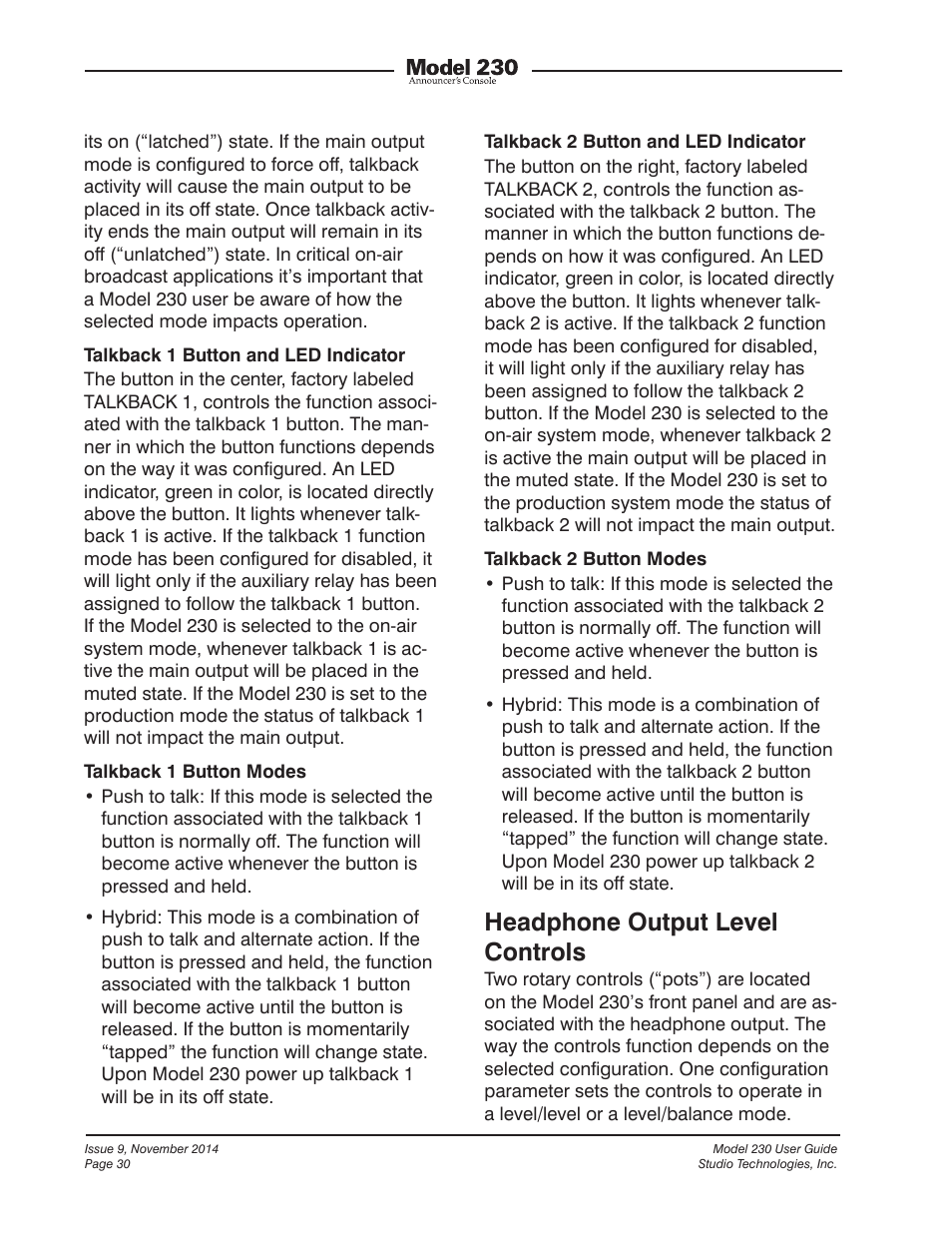 Headphone output level controls | Studio Technologies 230 2014 User Manual | Page 30 / 51