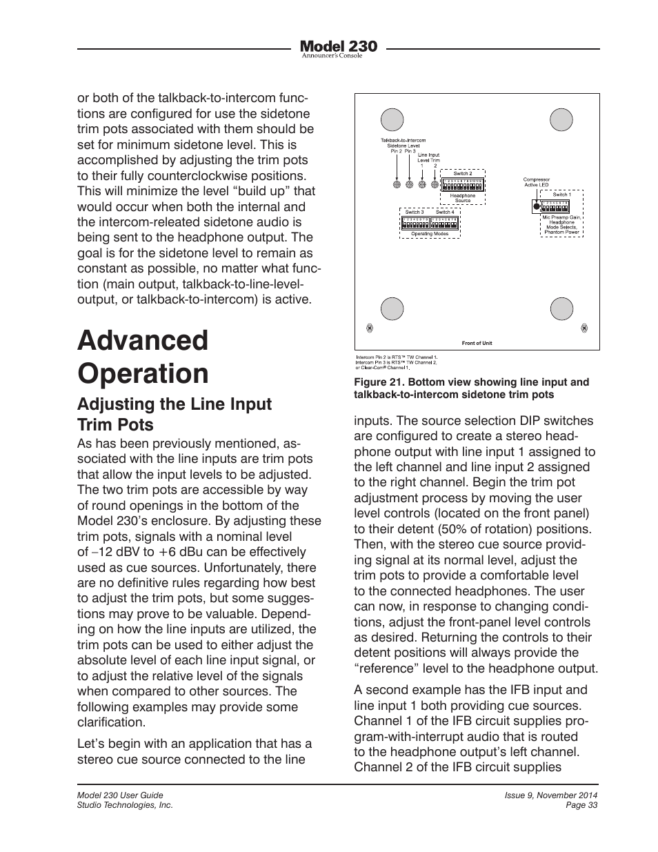 Advanced operation, Adjusting the line input trim pots | Studio Technologies 230 2014 User Manual | Page 33 / 51