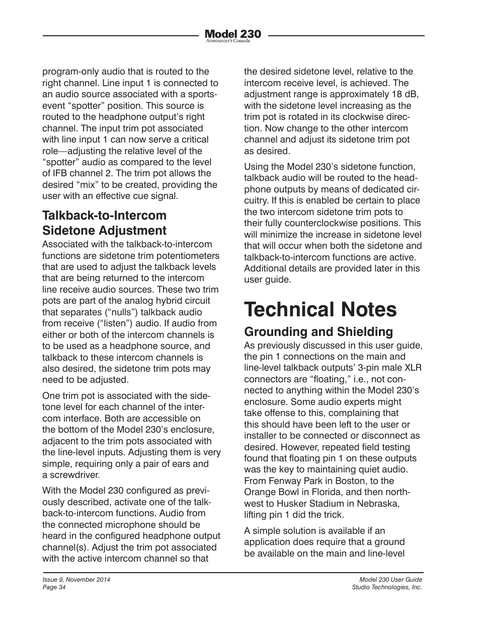 Technical notes, Talkback-to-intercom sidetone adjustment, Grounding and shielding | Studio Technologies 230 2014 User Manual | Page 34 / 51