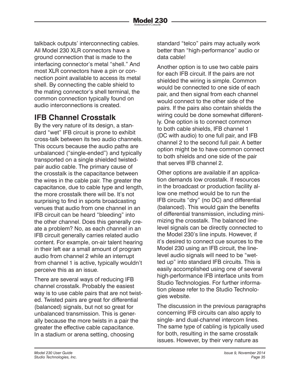 Ifb channel crosstalk | Studio Technologies 230 2014 User Manual | Page 35 / 51